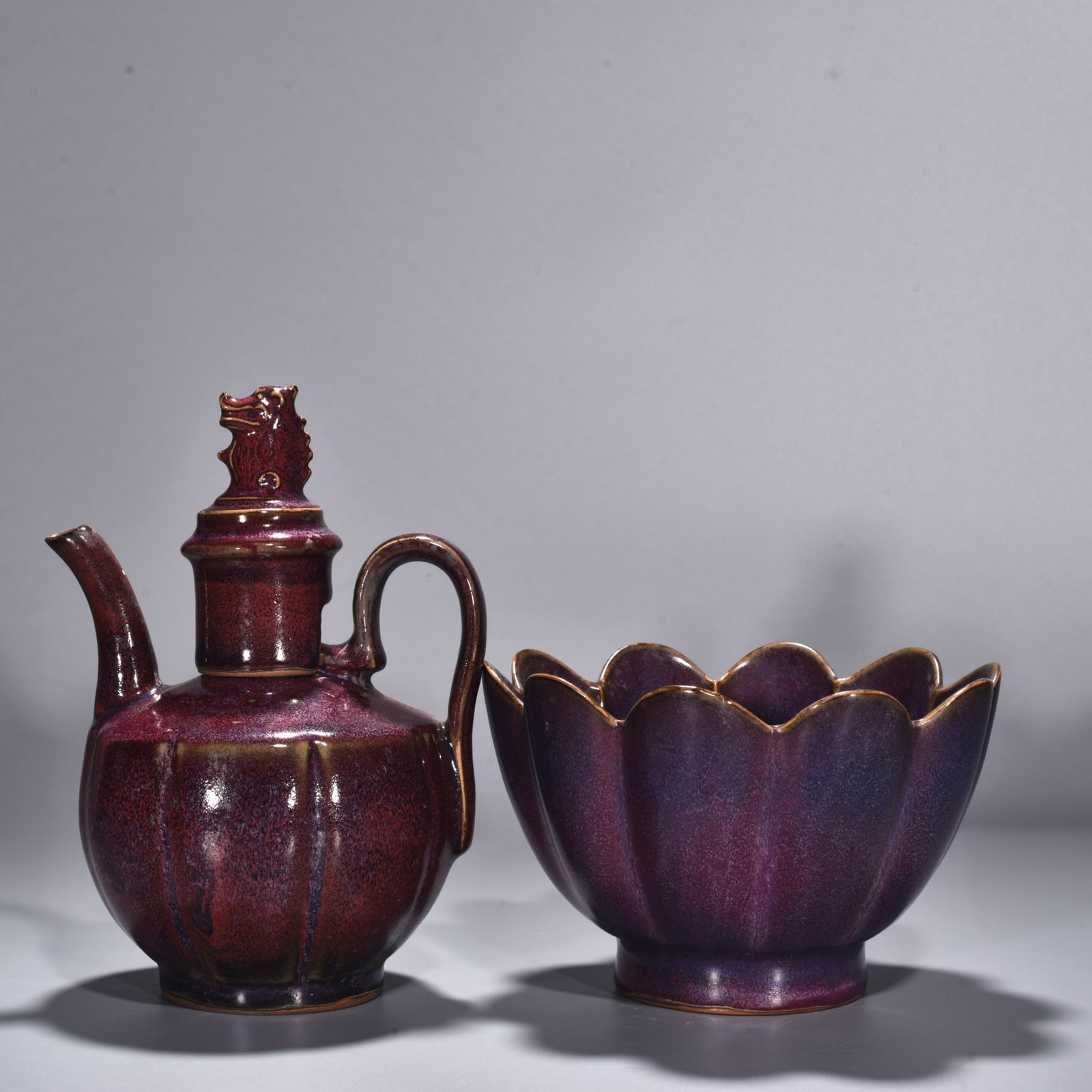Song Dynasty Jun kiln rose purple glazed lotus warm wine set