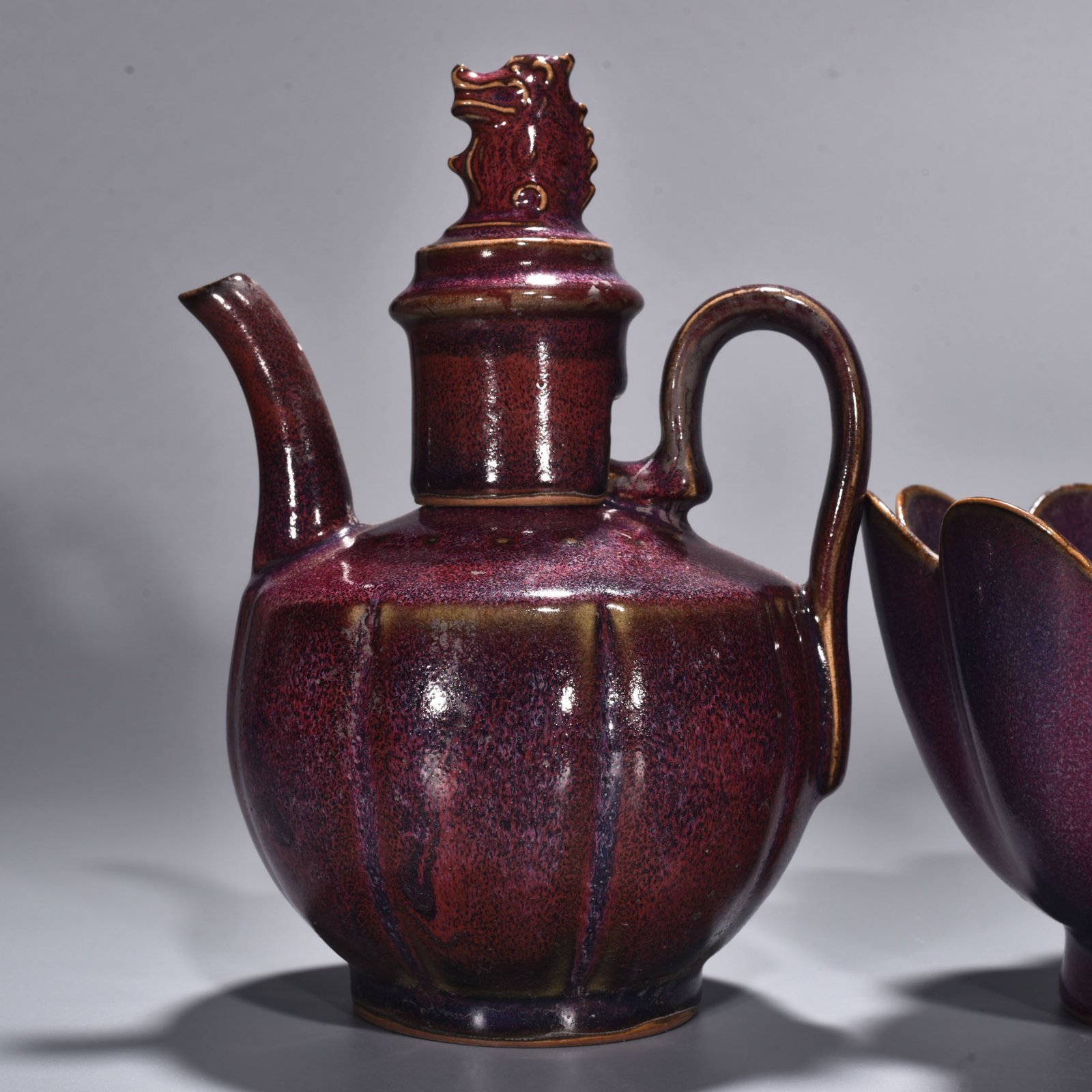 Song Dynasty Jun kiln rose purple glazed lotus warm wine set