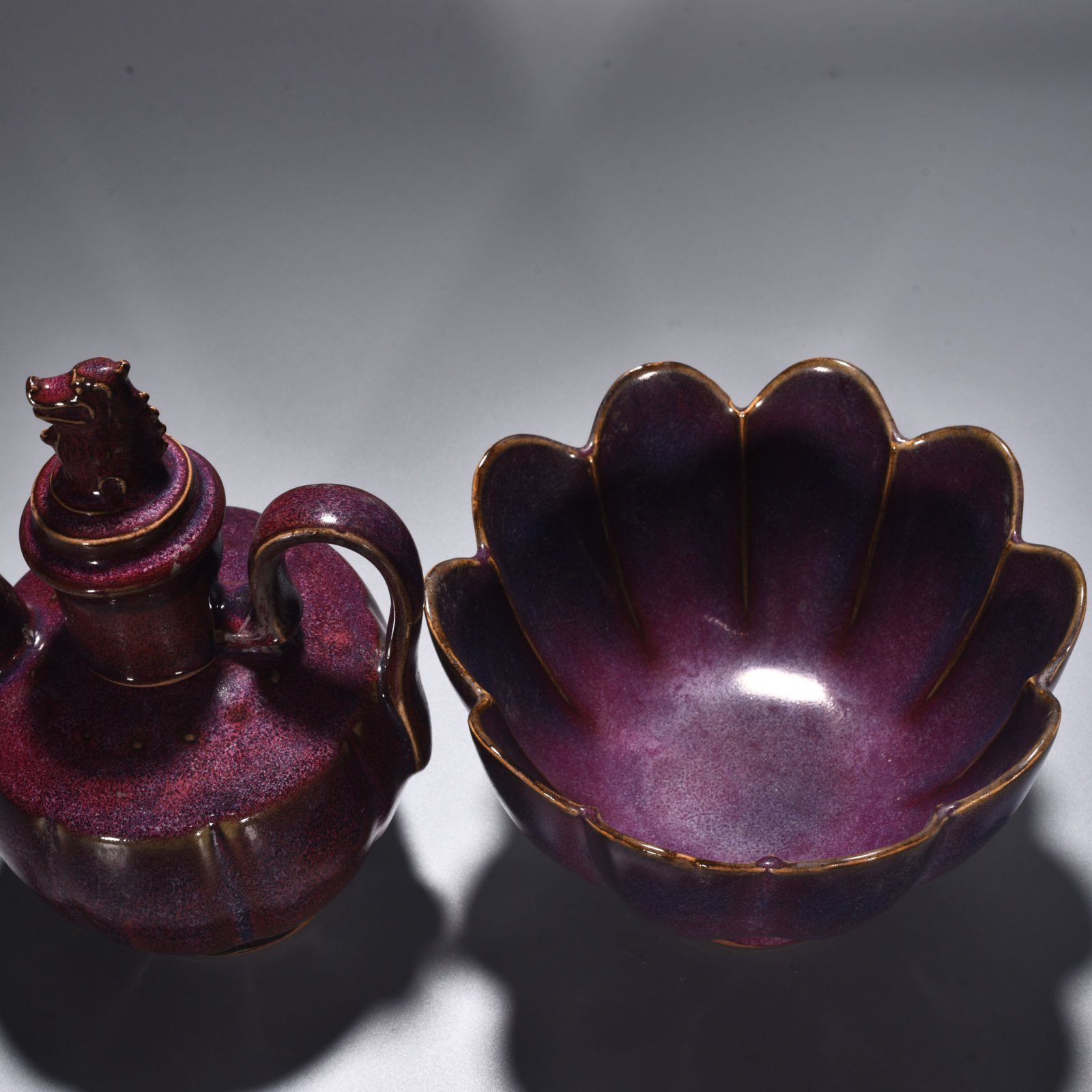 Song Dynasty Jun kiln rose purple glazed lotus warm wine set