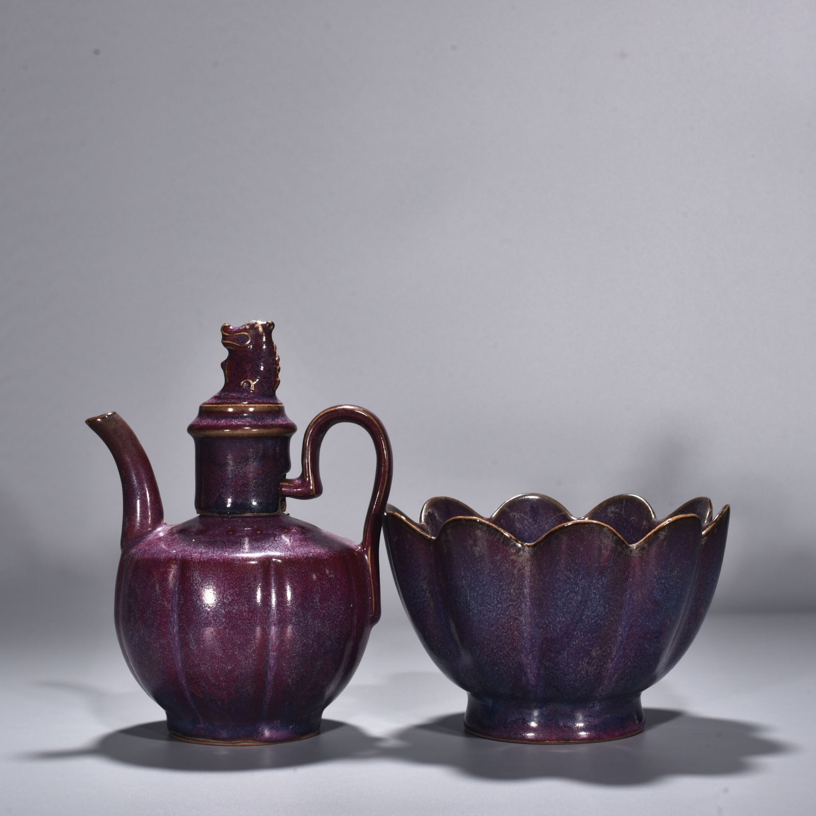 Song Dynasty Jun kiln rose purple glazed lotus warm wine set