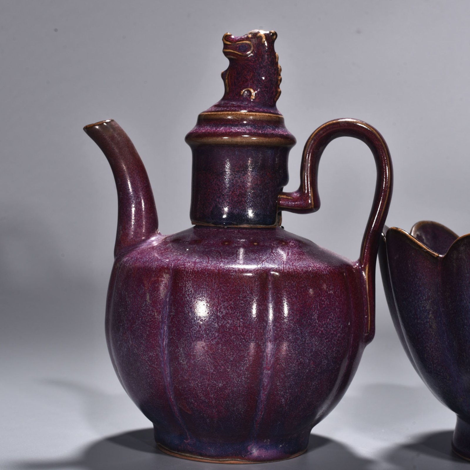 Song Dynasty Jun kiln rose purple glazed lotus warm wine set
