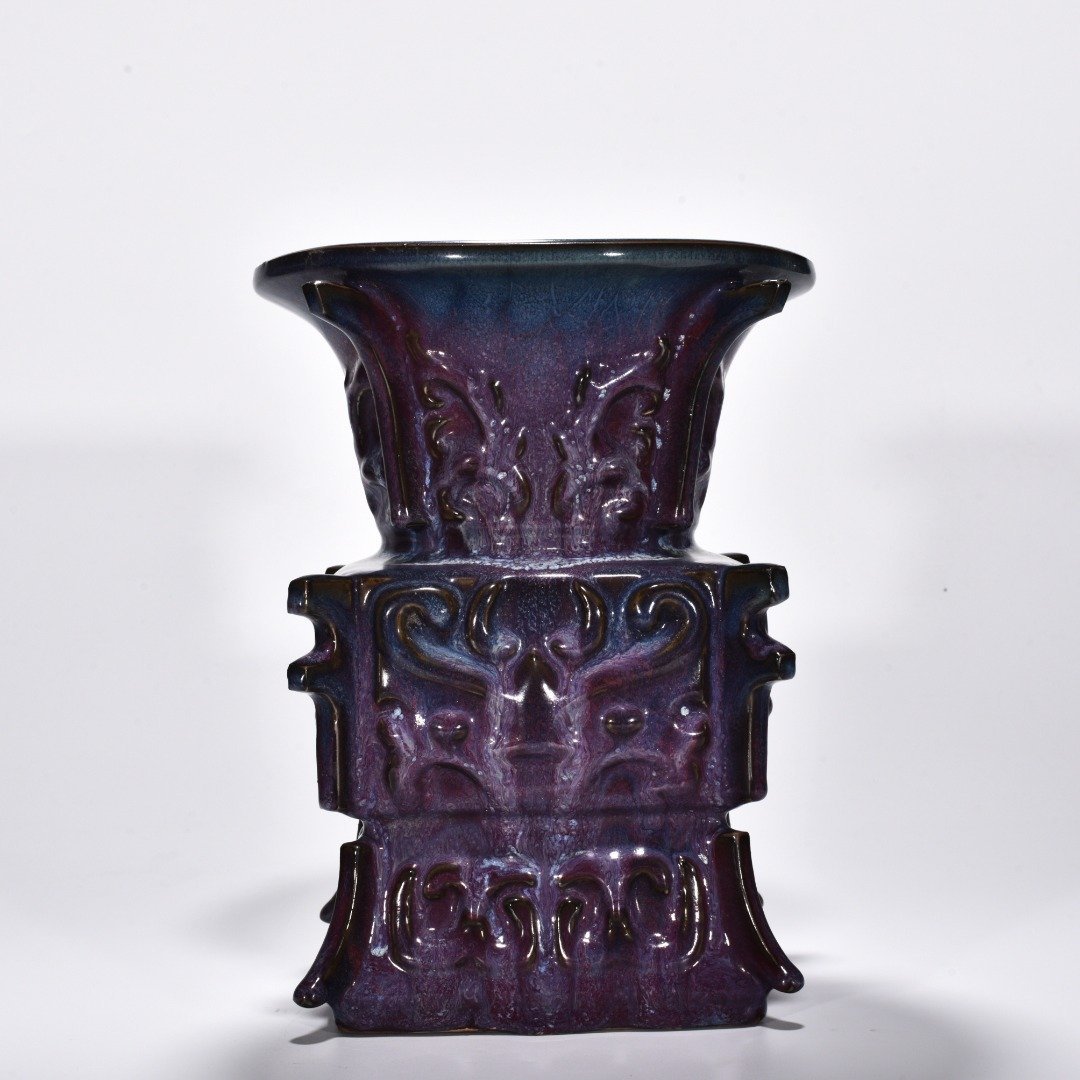 Song Dynasty Jun kiln rose purple glaze gluttonous animal mask halberd statue
