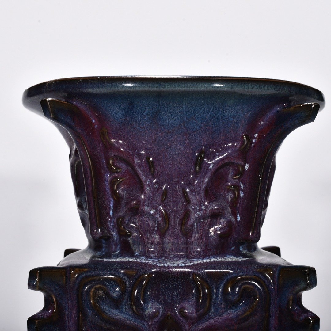 Song Dynasty Jun kiln rose purple glaze gluttonous animal mask halberd statue