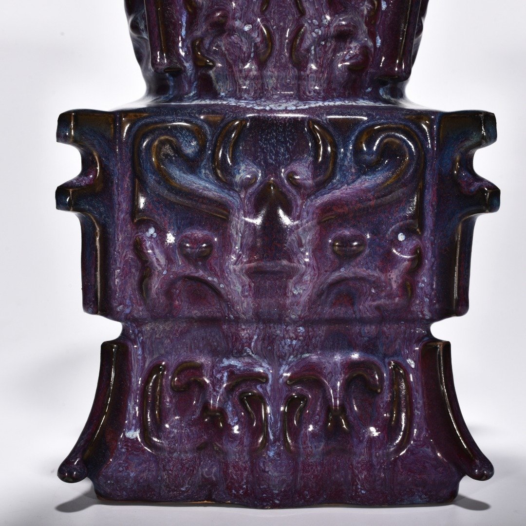 Song Dynasty Jun kiln rose purple glaze gluttonous animal mask halberd statue