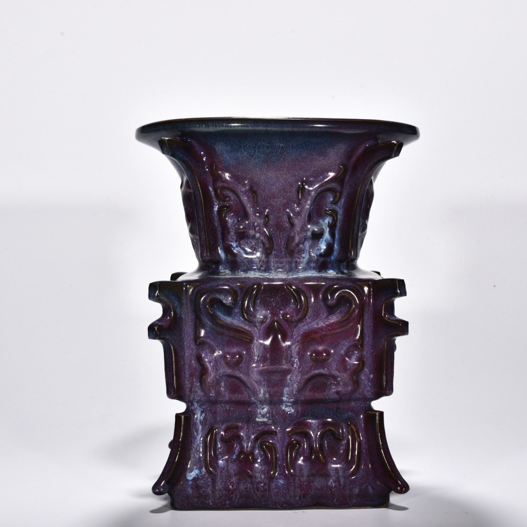 Song Dynasty Jun kiln rose purple glaze gluttonous animal mask halberd statue