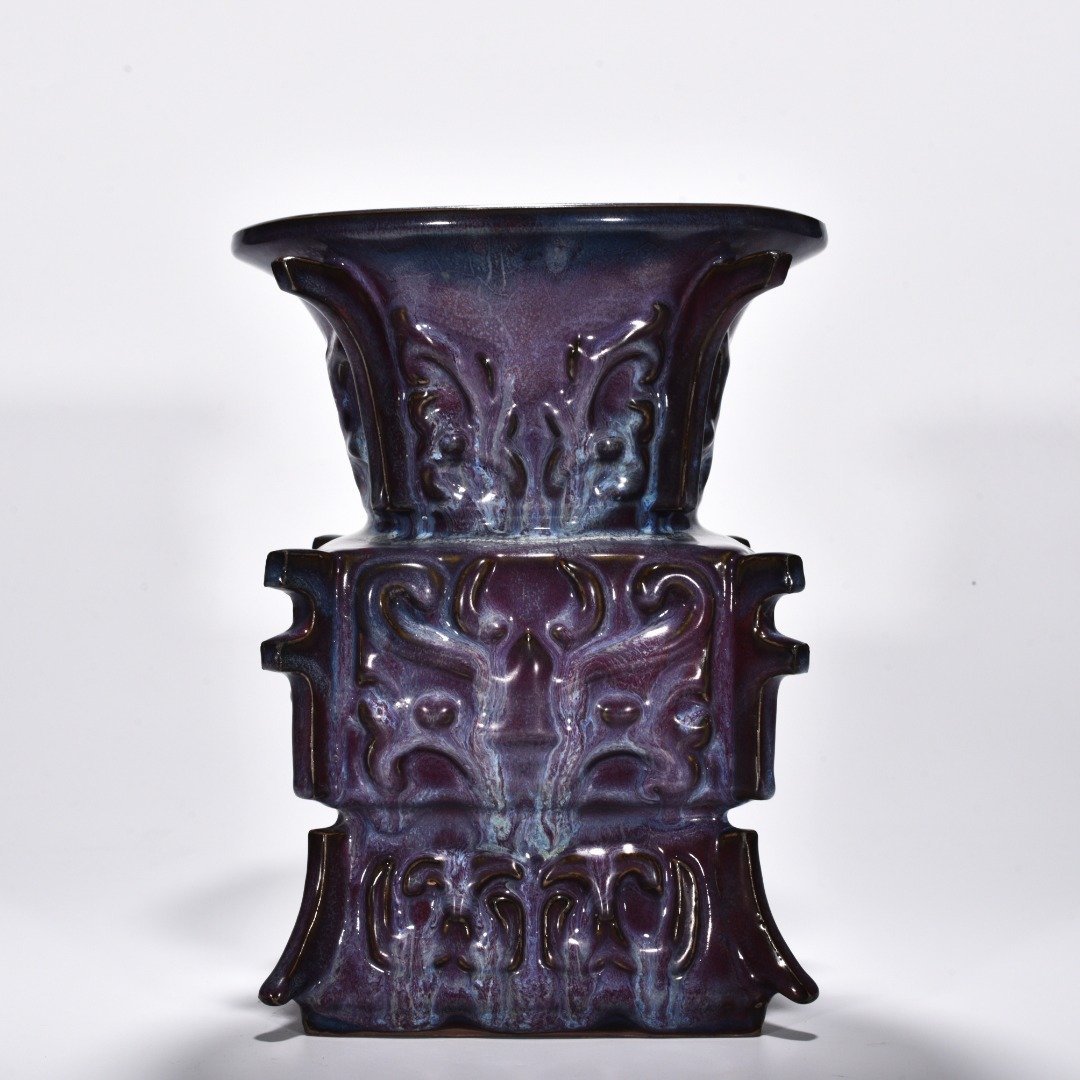 Song Dynasty Jun kiln rose purple glaze gluttonous animal mask halberd statue