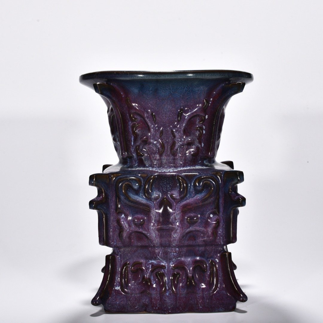 Song Dynasty Jun kiln rose purple glaze gluttonous animal mask halberd statue