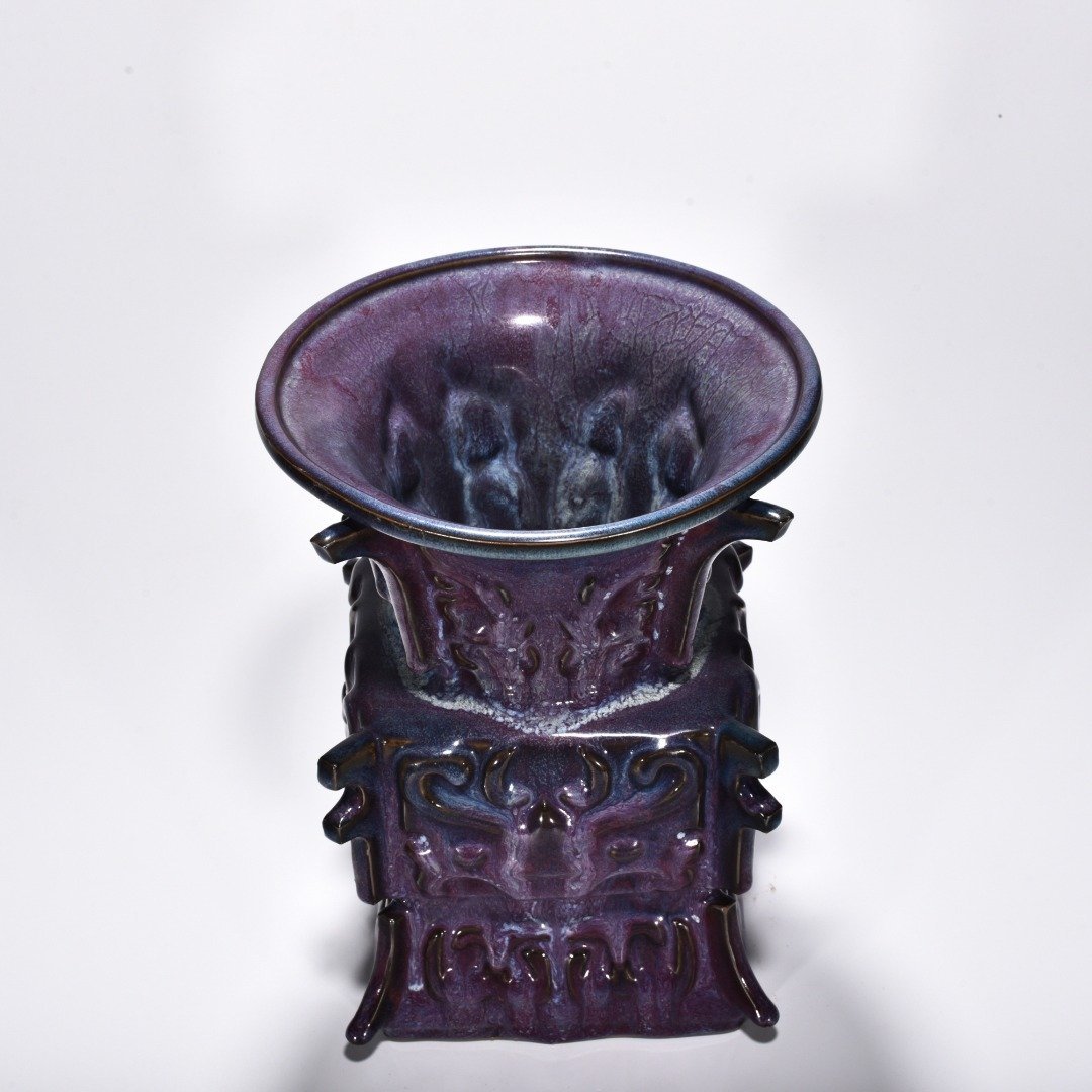 Song Dynasty Jun kiln rose purple glaze gluttonous animal mask halberd statue