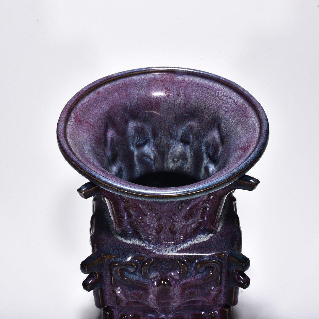 Song Dynasty Jun kiln rose purple glaze gluttonous animal mask halberd statue