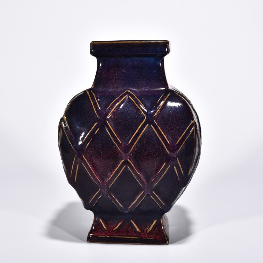 Song Dynasty Jun kiln rose purple glaze fish basket square statue
