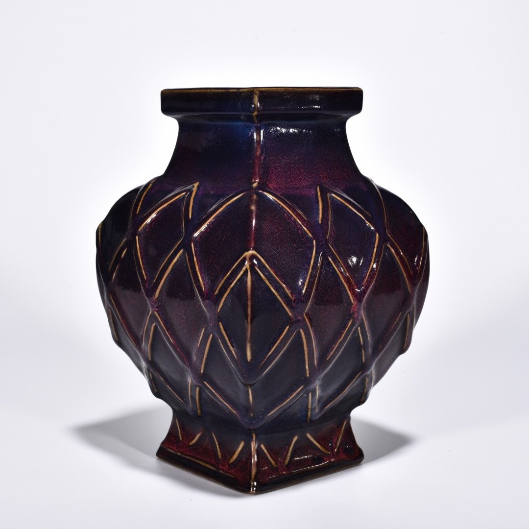 Song Dynasty Jun kiln rose purple glaze fish basket square statue