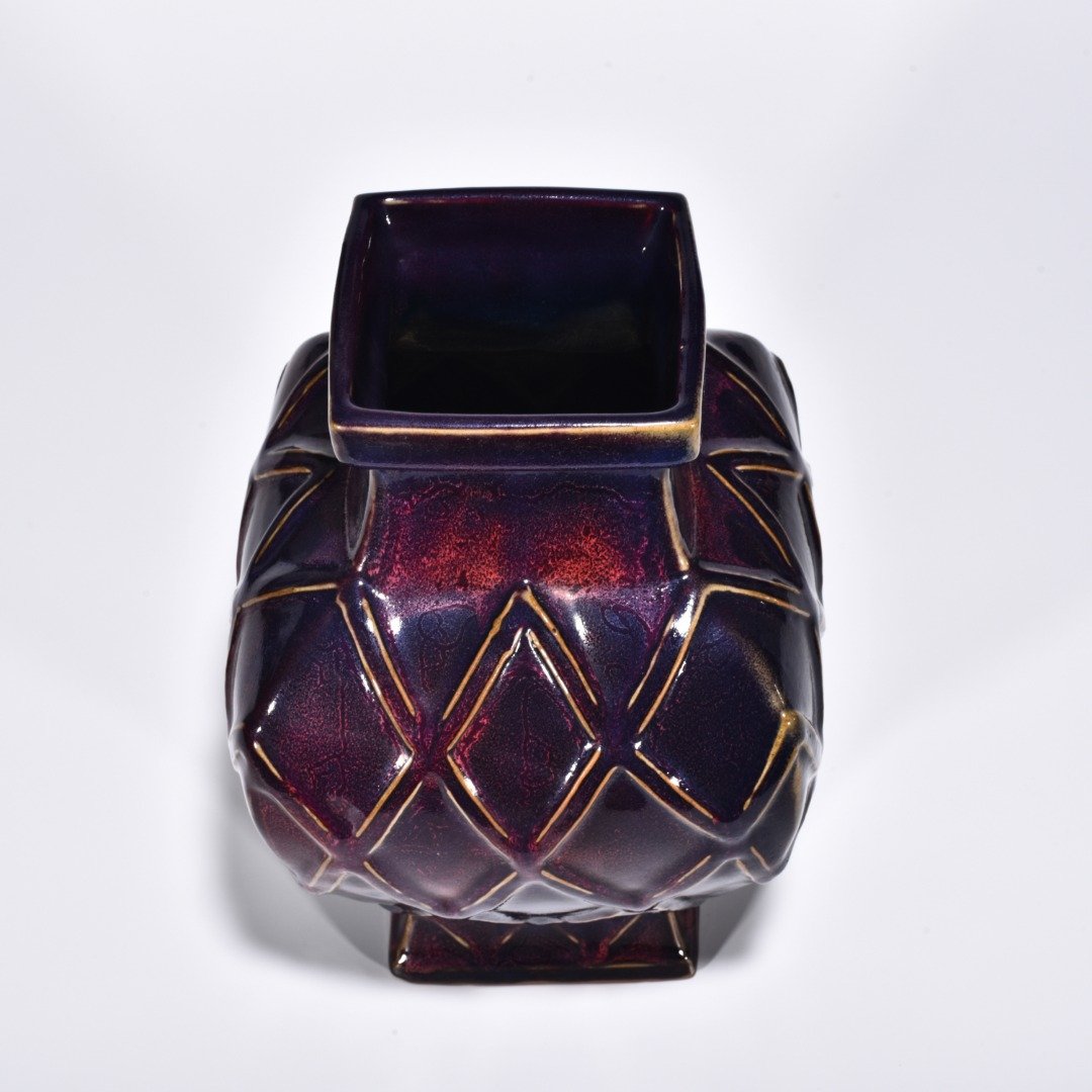 Song Dynasty Jun kiln rose purple glaze fish basket square statue