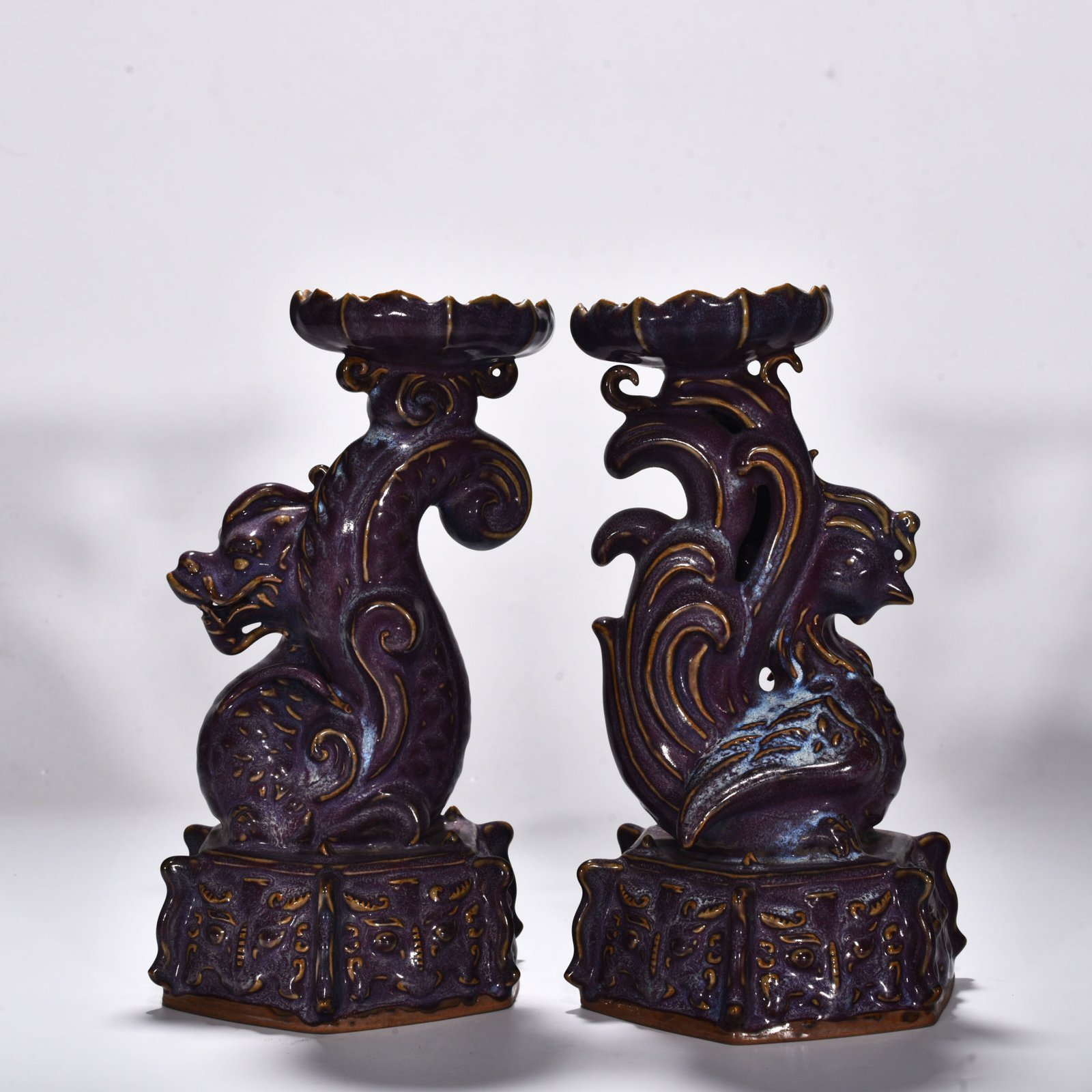 Song Dynasty Jun Kiln Rose purple glaze dragon and phoenix candlestick