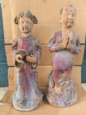 Song Dynasty Jun kiln rose red glaze green spot boy and girl statue