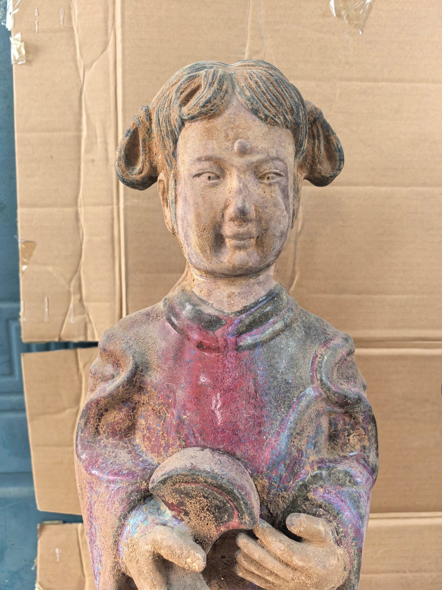 Song Dynasty Jun kiln rose red glaze green spot boy and girl statue