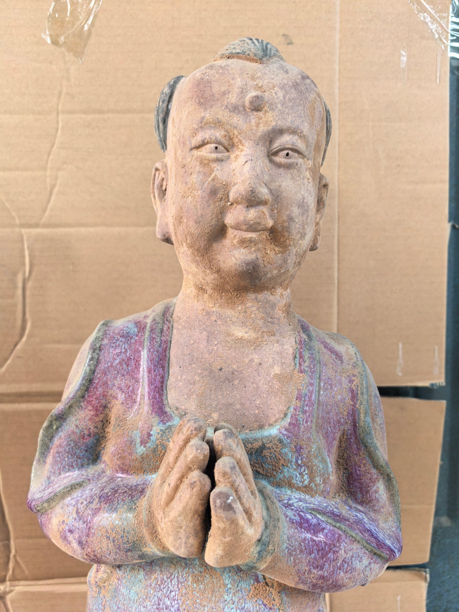 Song Dynasty Jun kiln rose red glaze green spot boy and girl statue