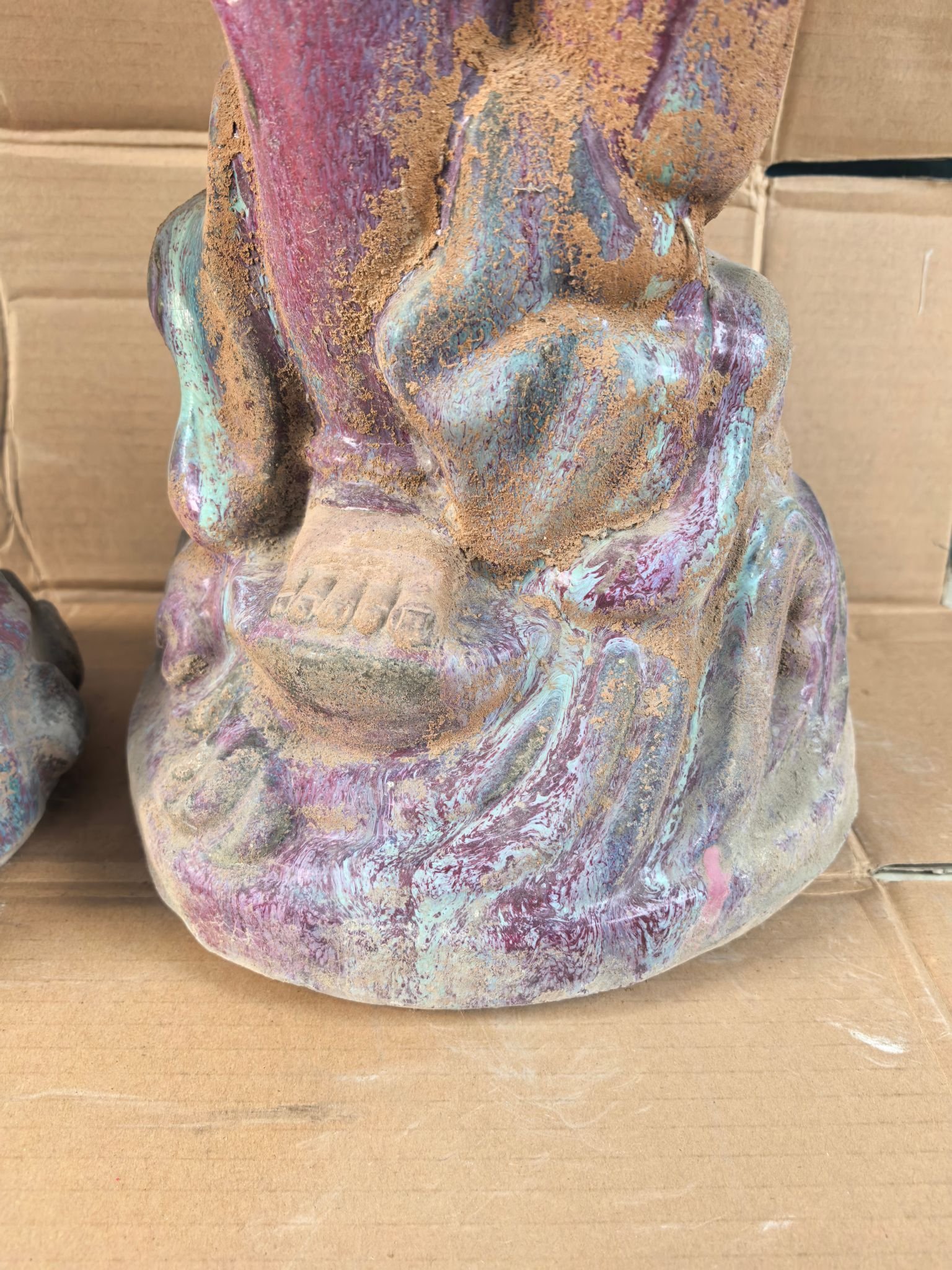 Song Dynasty Jun kiln rose red glaze green spot boy and girl statue