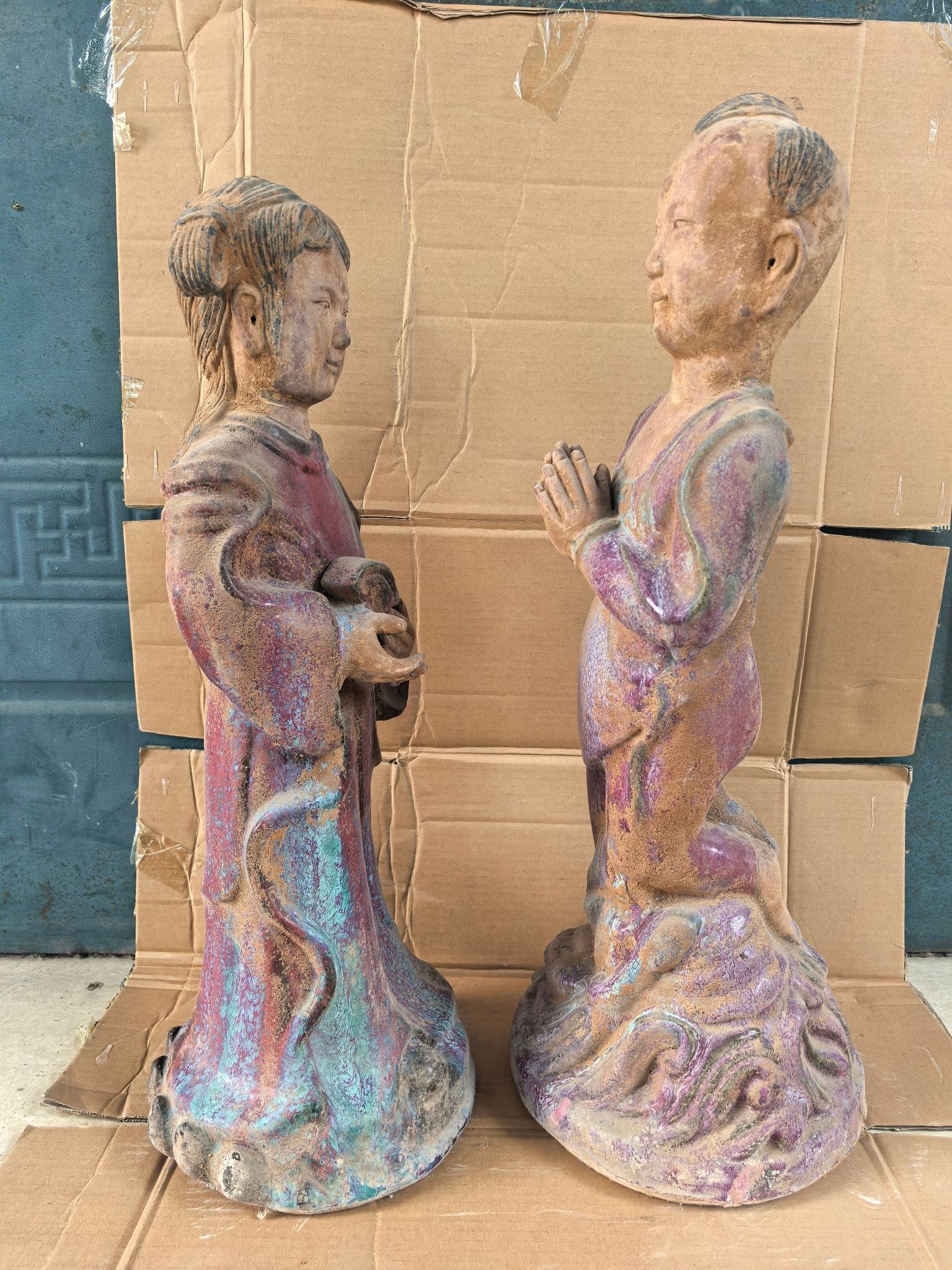 Song Dynasty Jun kiln rose red glaze green spot boy and girl statue