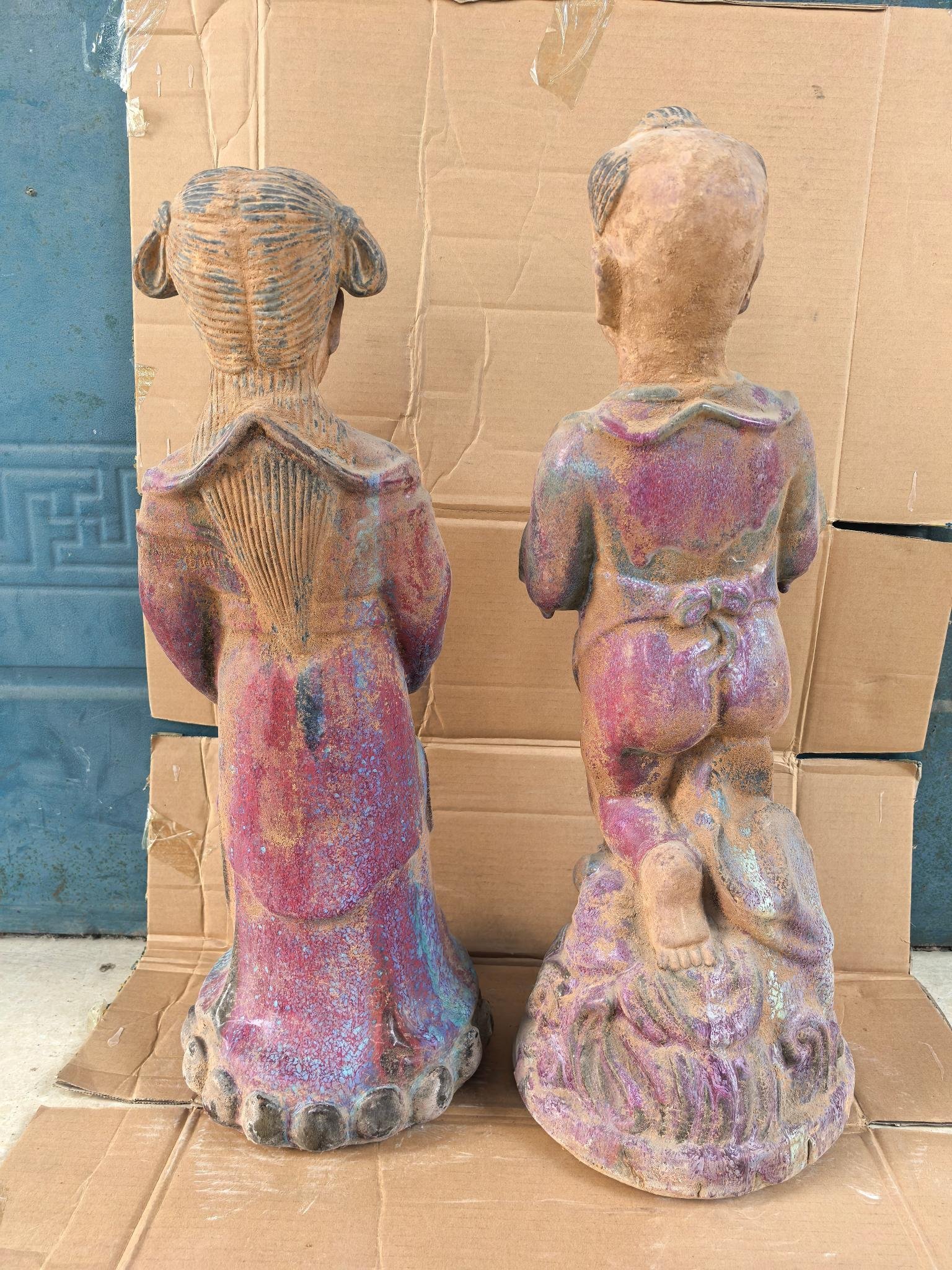 Song Dynasty Jun kiln rose red glaze green spot boy and girl statue