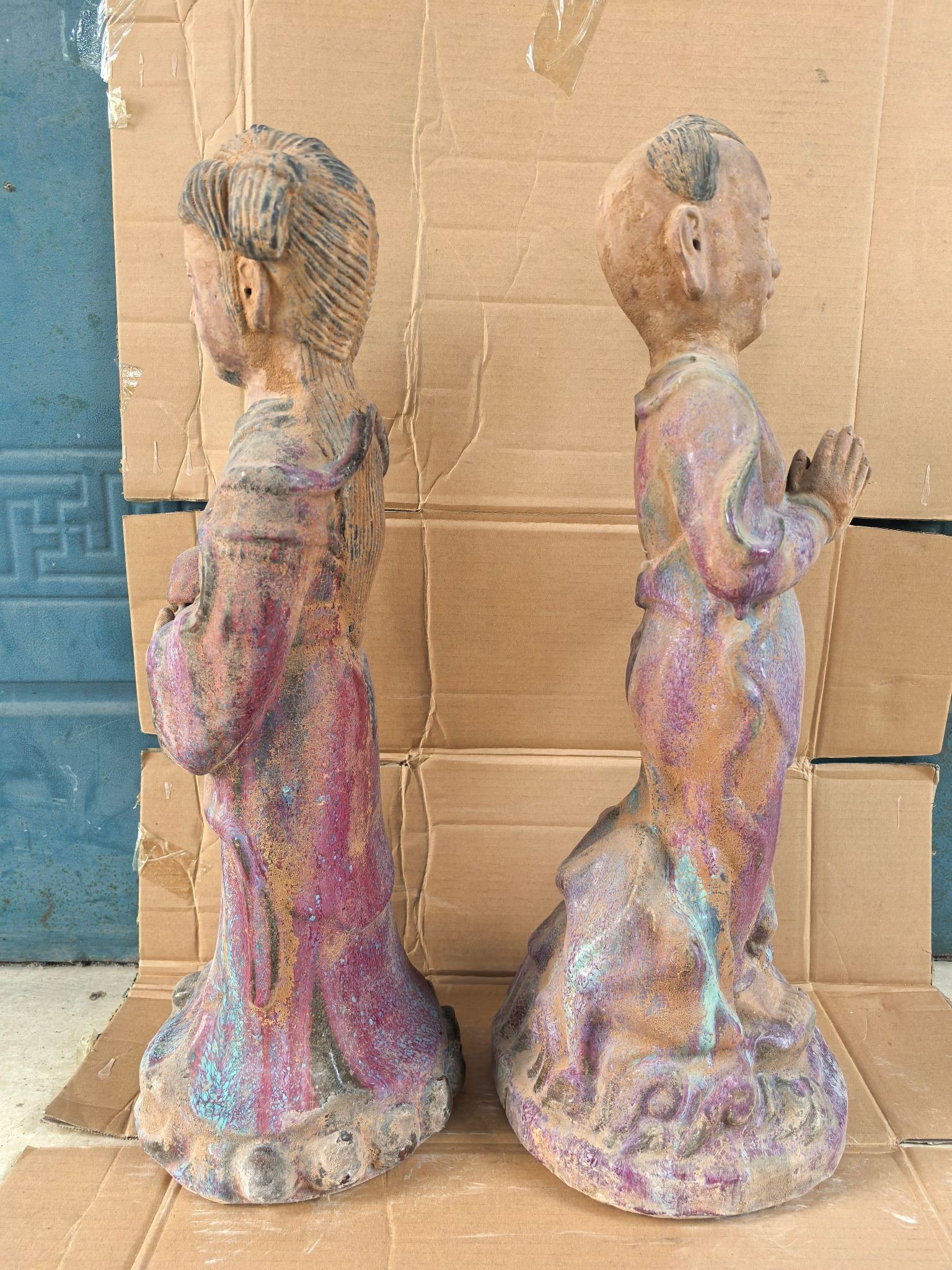 Song Dynasty Jun kiln rose red glaze green spot boy and girl statue