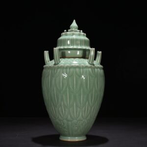 Song Dynasty Longquan kiln pink green glaze five-tube vase with banana leaf pattern