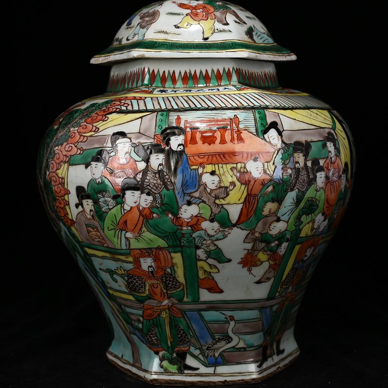Ming Dynasty Wanli colorful character story pattern six-sided general jar