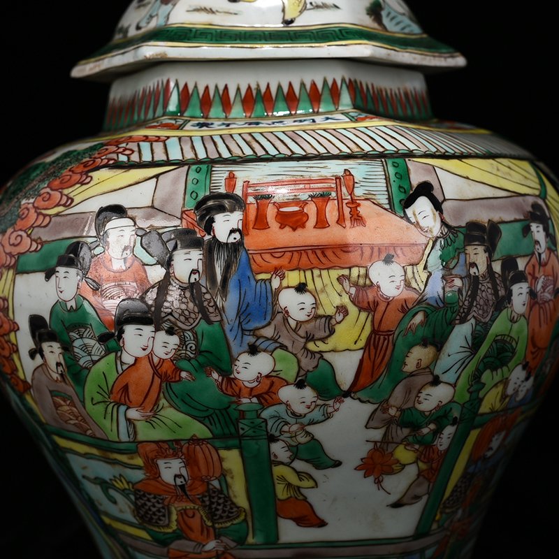 Ming Dynasty Wanli colorful character story pattern six-sided general jar