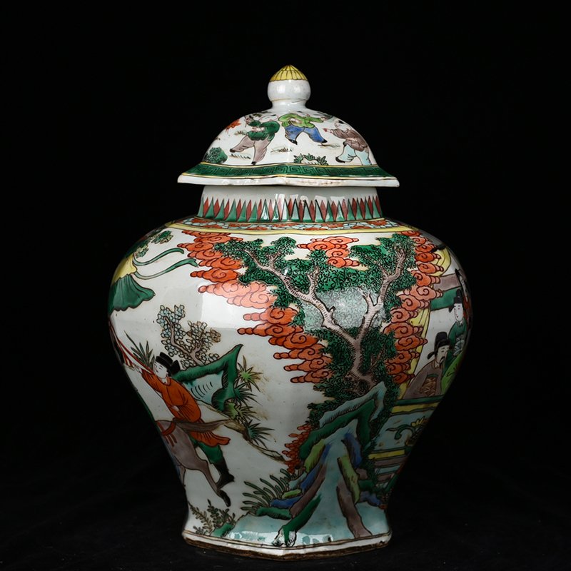 Ming Dynasty Wanli colorful character story pattern six-sided general jar