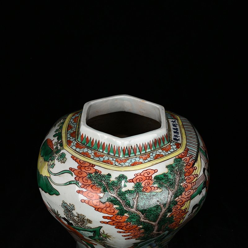Ming Dynasty Wanli colorful character story pattern six-sided general jar