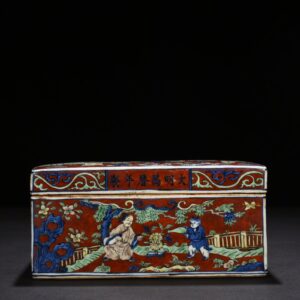 Ming Dynasty Wanli red ground blue and white multicolored lid box