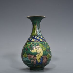 Ming Dynasty Wanli longevity and wealth model green land plain three-color figure pattern jade pot