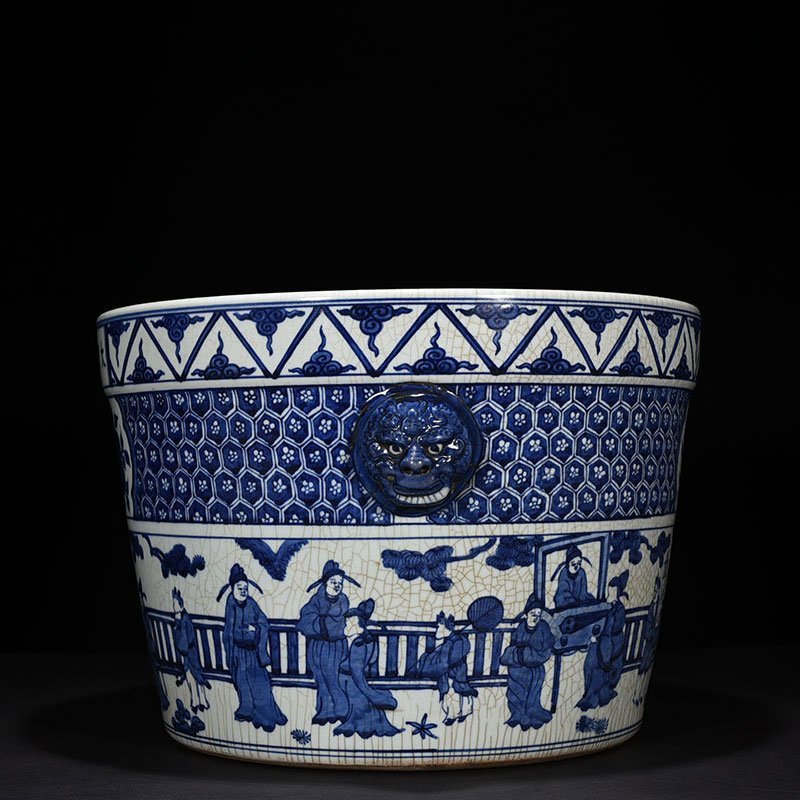 Ming Dynasty Wanli blue and white chess calligraphy and painting scroll vat with figure pattern