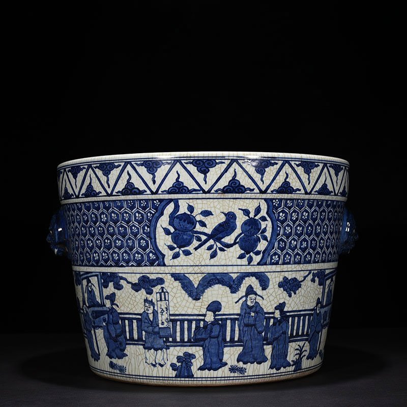 Ming Dynasty Wanli blue and white chess calligraphy and painting scroll vat with figure pattern