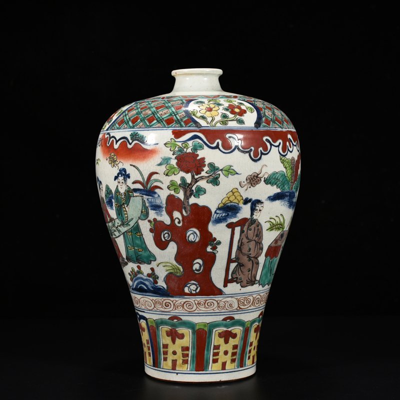 Ming Dynasty Jiajing blue and white plum vase with colorful figure pattern