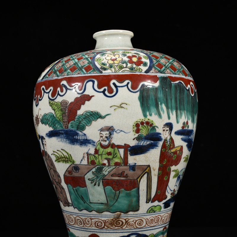 Ming Dynasty Jiajing blue and white plum vase with colorful figure pattern