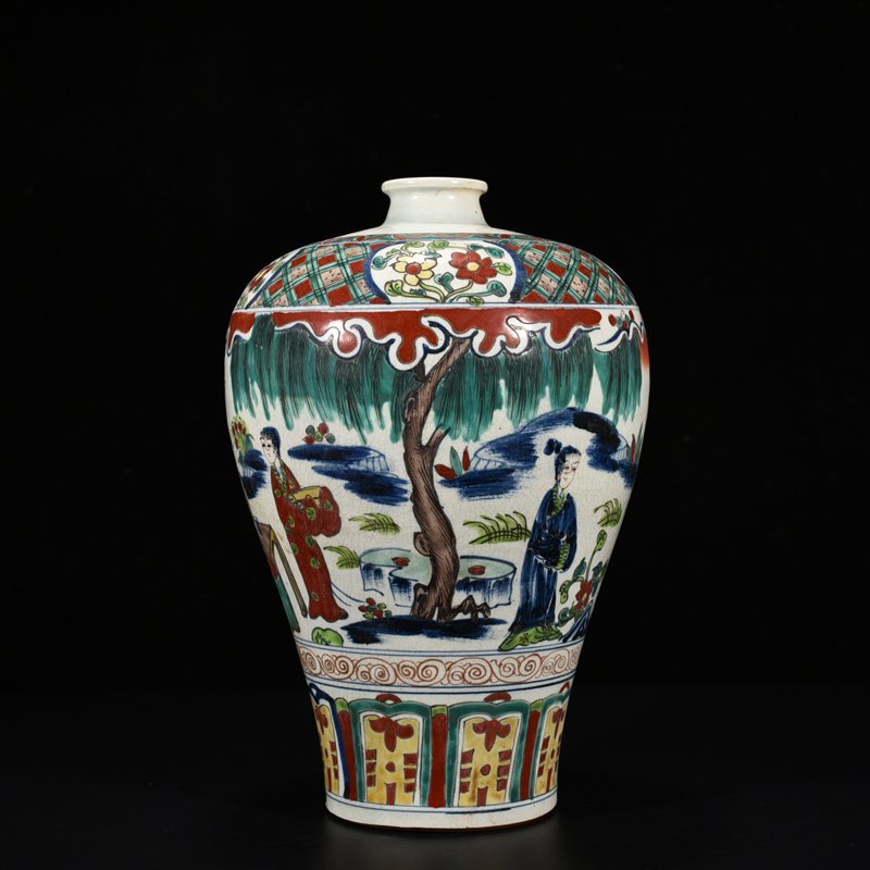Ming Dynasty Jiajing blue and white plum vase with colorful figure pattern