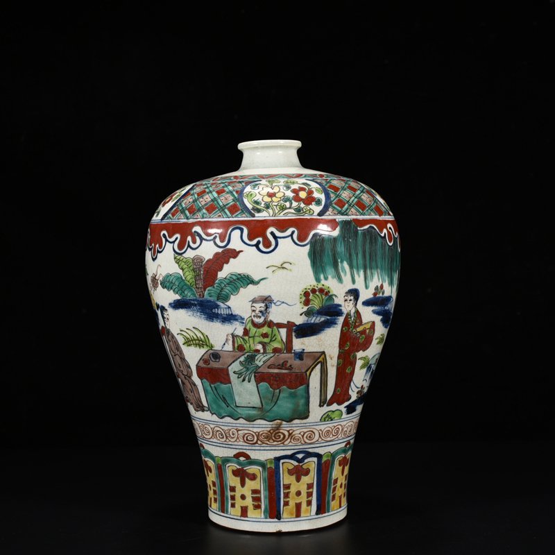 Ming Dynasty Jiajing blue and white plum vase with colorful figure pattern