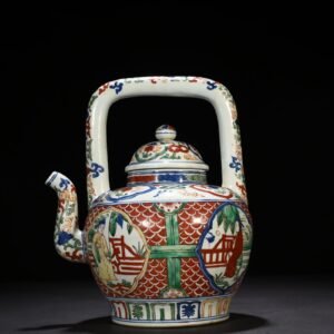 Ming Dynasty Jiajing blue and white multicolored windowed figure pattern handlebar teapot