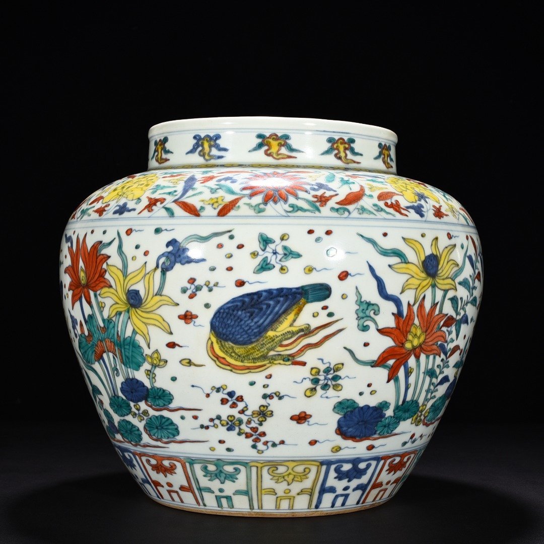 Ming Dynasty Jiajing Blue and White Colorful Lotus Pond Jar