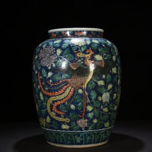 Ming Dynasty Jiajing blue and white blue ground colorful phoenix peony pattern large jar