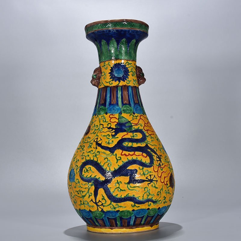 Ming Dynasty Jiajing yellow ground enamel pan-mouth vase