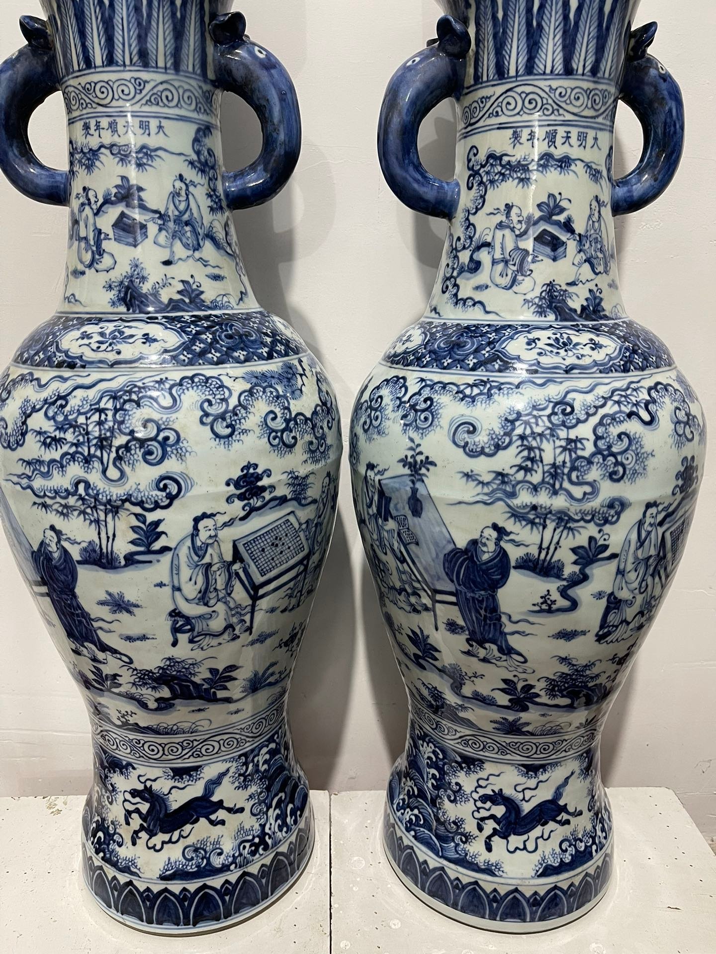 Ming Dynasty blue and white chess calligraphy and painting figure pattern elephant ear vase