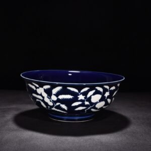 Ming Dynasty Xuande sapphire blue glaze blank carved fruit pattern bowl