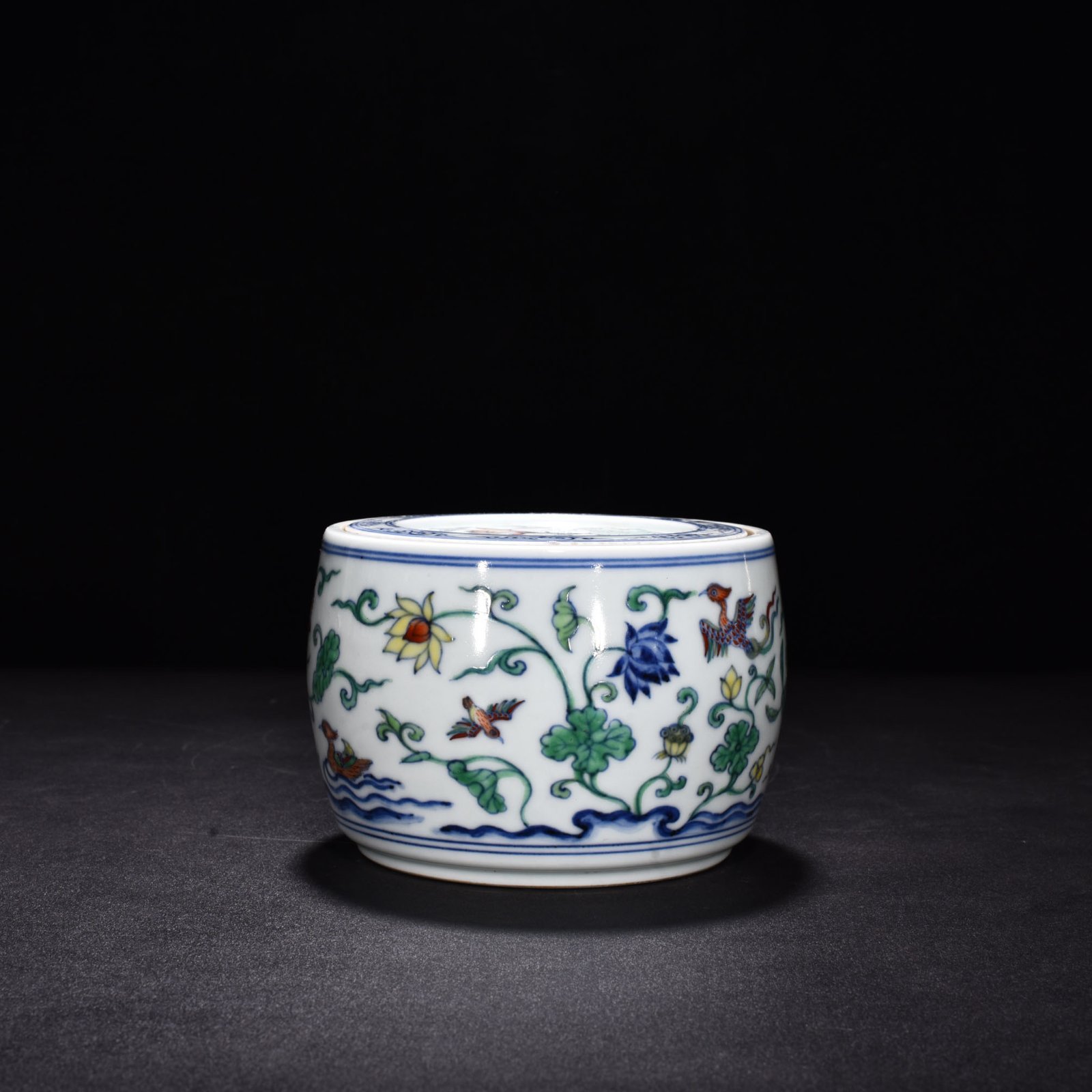 Ming Dynasty Xuande Doucai Lotus Pond Cricket Jar with Mandarin Duck Pattern