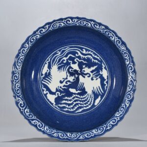 Ming Dynasty Xuande blue glaze carved double phoenix pattern rhombus edge folding plate