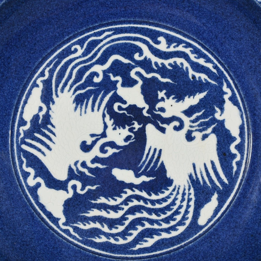 Ming Dynasty Xuande blue glaze carved double phoenix pattern rhombus edge folding plate