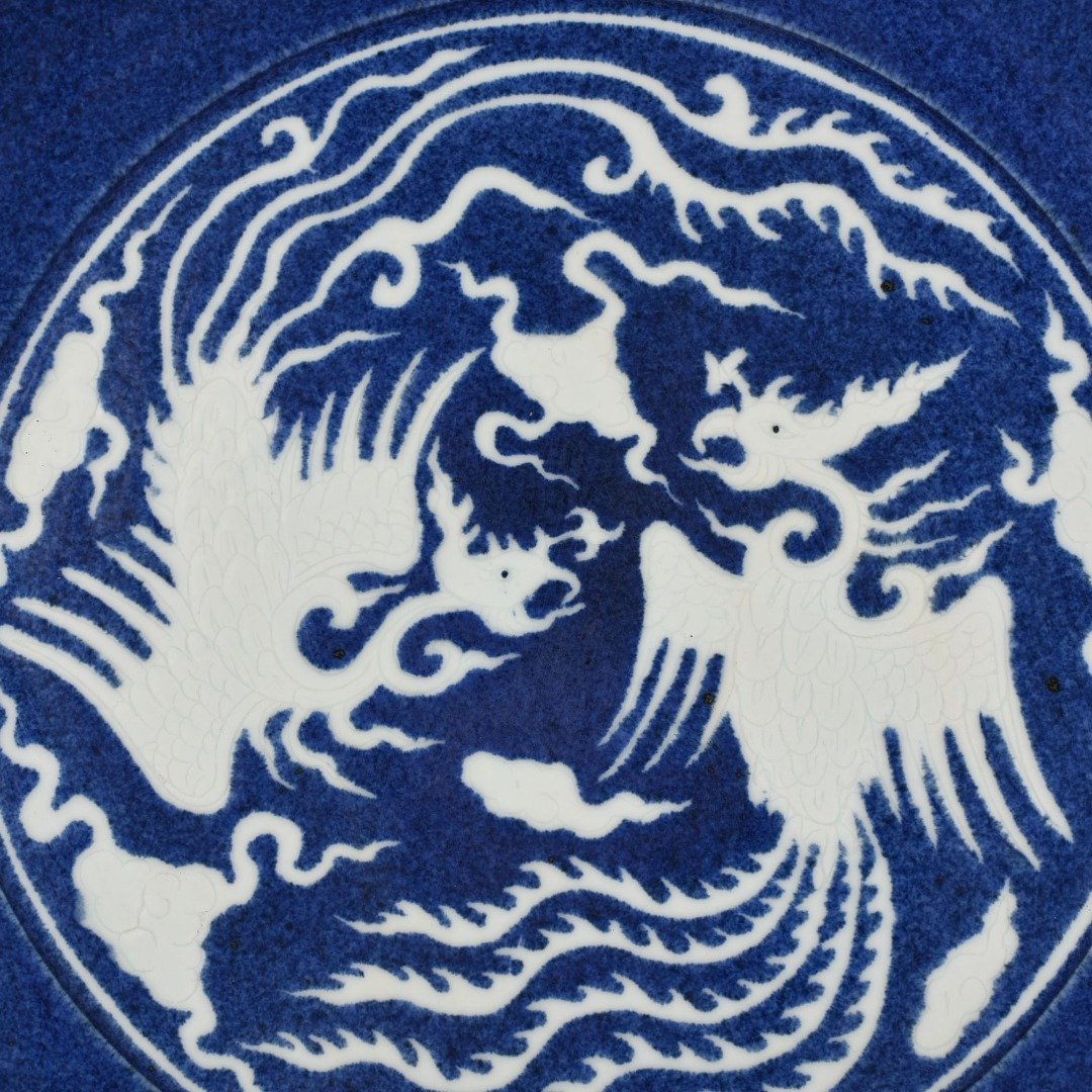 Ming Dynasty Xuande blue glaze carved double phoenix pattern rhombus edge folding plate