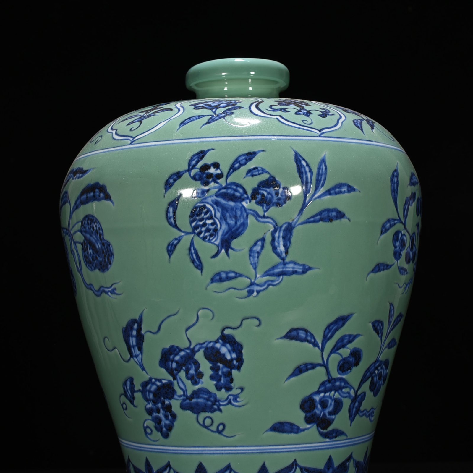 Ming Dynasty Xuande coral green ground blue and white plum vase with folded branches