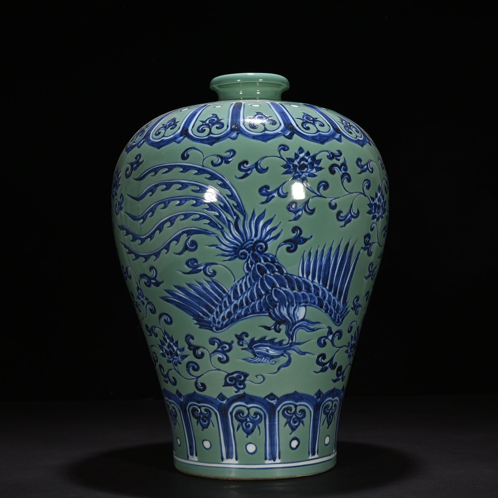 Ming Dynasty Xuande coral green ground blue and white plum vase