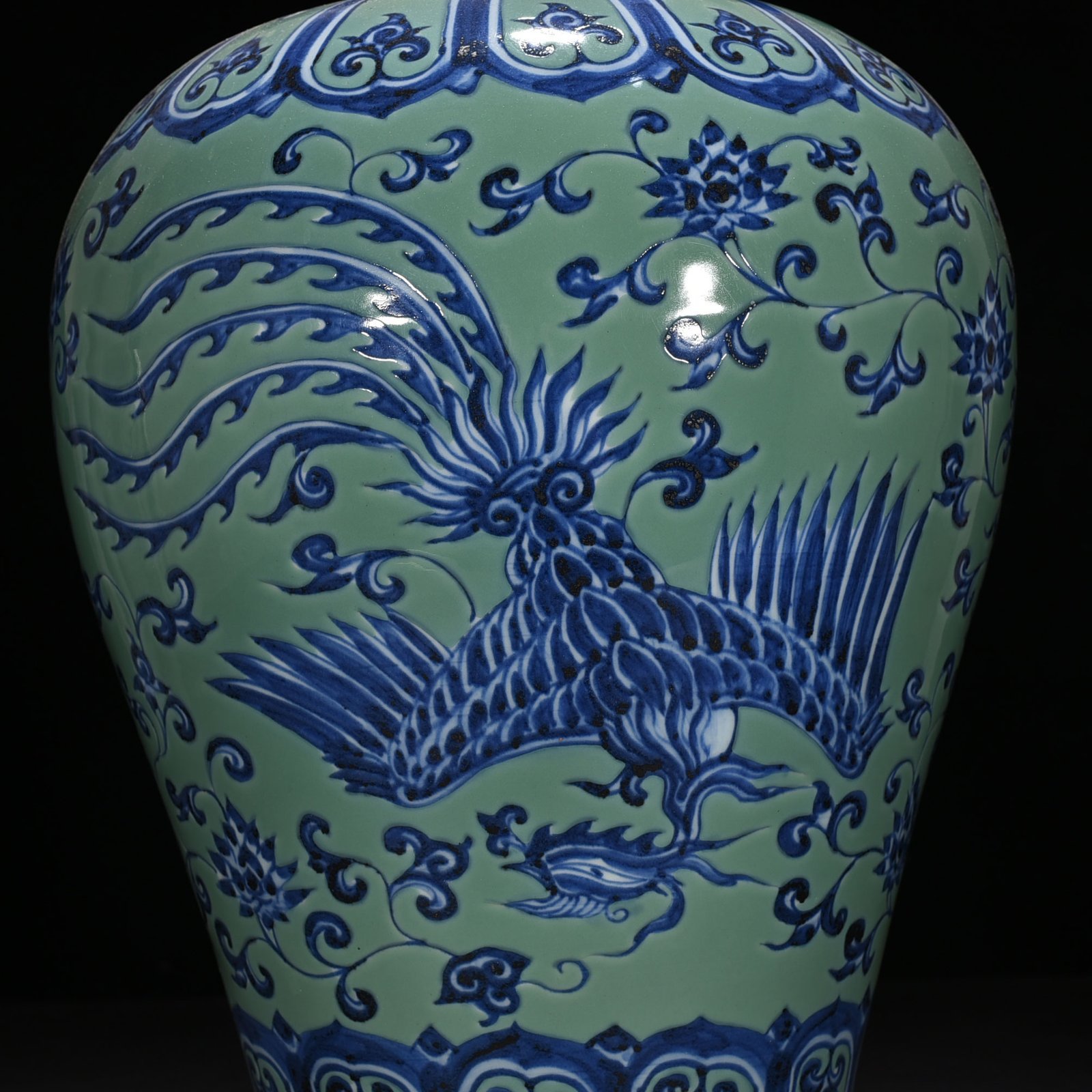 Ming Dynasty Xuande coral green ground blue and white plum vase